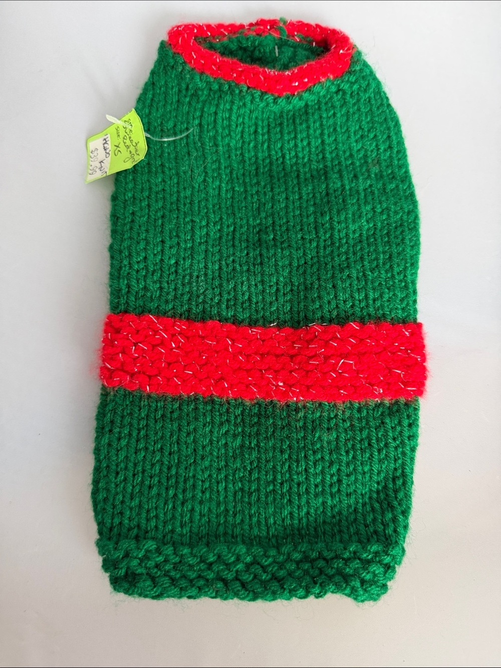 Dog Sweater. Hand Knit Green & Red NEW